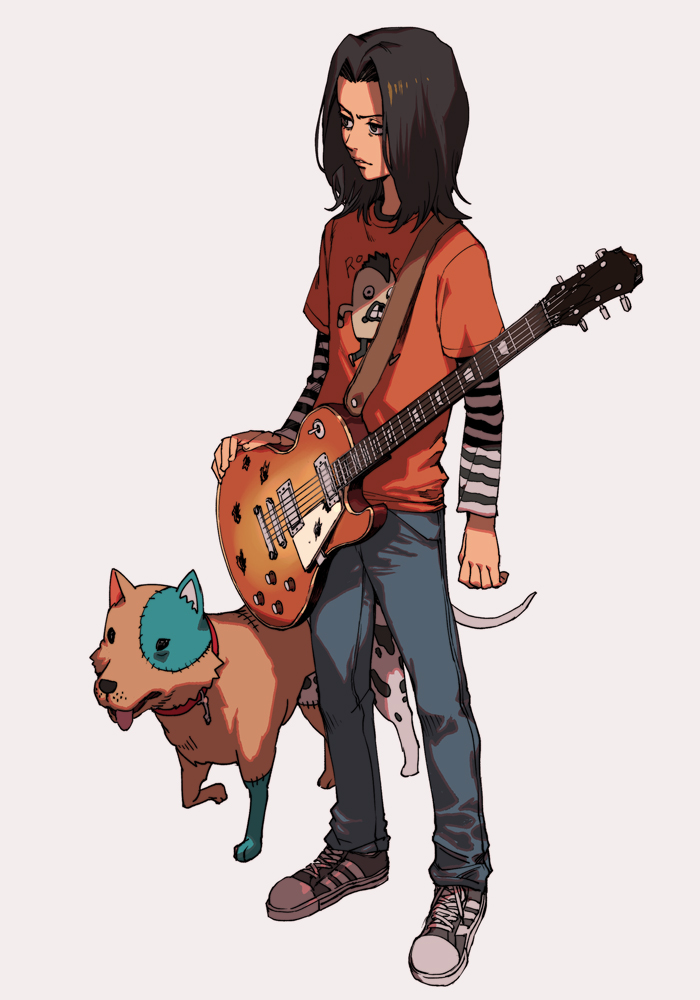 1boy, animal, beck, black_eyes, black_hair, closed_mouth, dog, grey_background