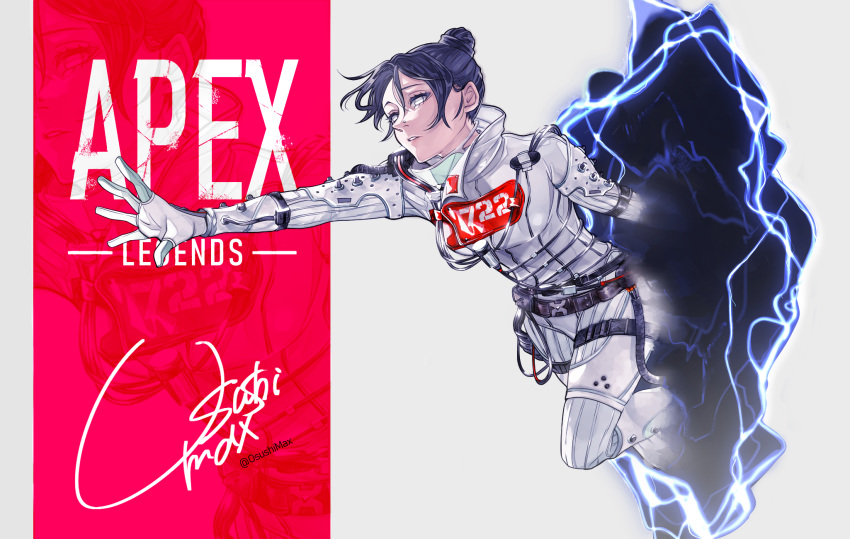 1girl, apex_legends, bangs, black_hair, bodysuit, copyright_name, floating_hair, gloves