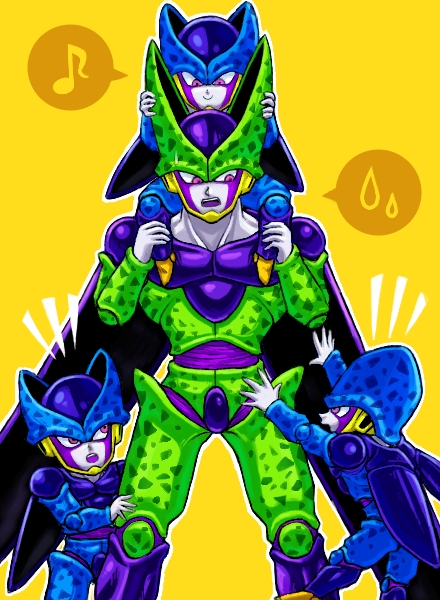 cell_(dragon_ball), cell_junior, dragon_ball, dragon_ball_z, musical_note, pink_eyes, sweatdrop