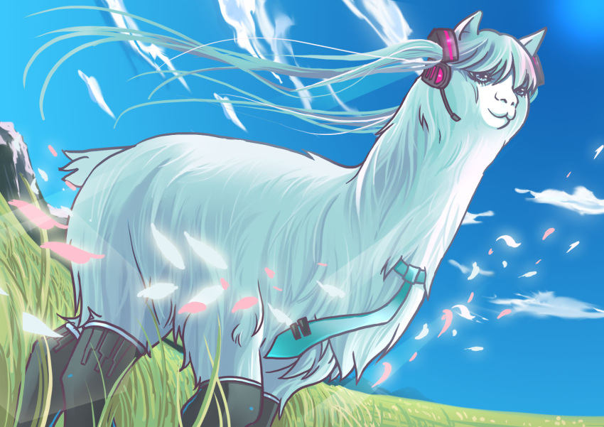 animal, animalization, blue_hair, boots, cloud, clouds, fur, grass, hatsune_miku, highres, llama, mountain, natsukijia, necktie, no_humans, parody, sky, transformation, twintails, vocaloid, world_is_mine_(vocaloid)
