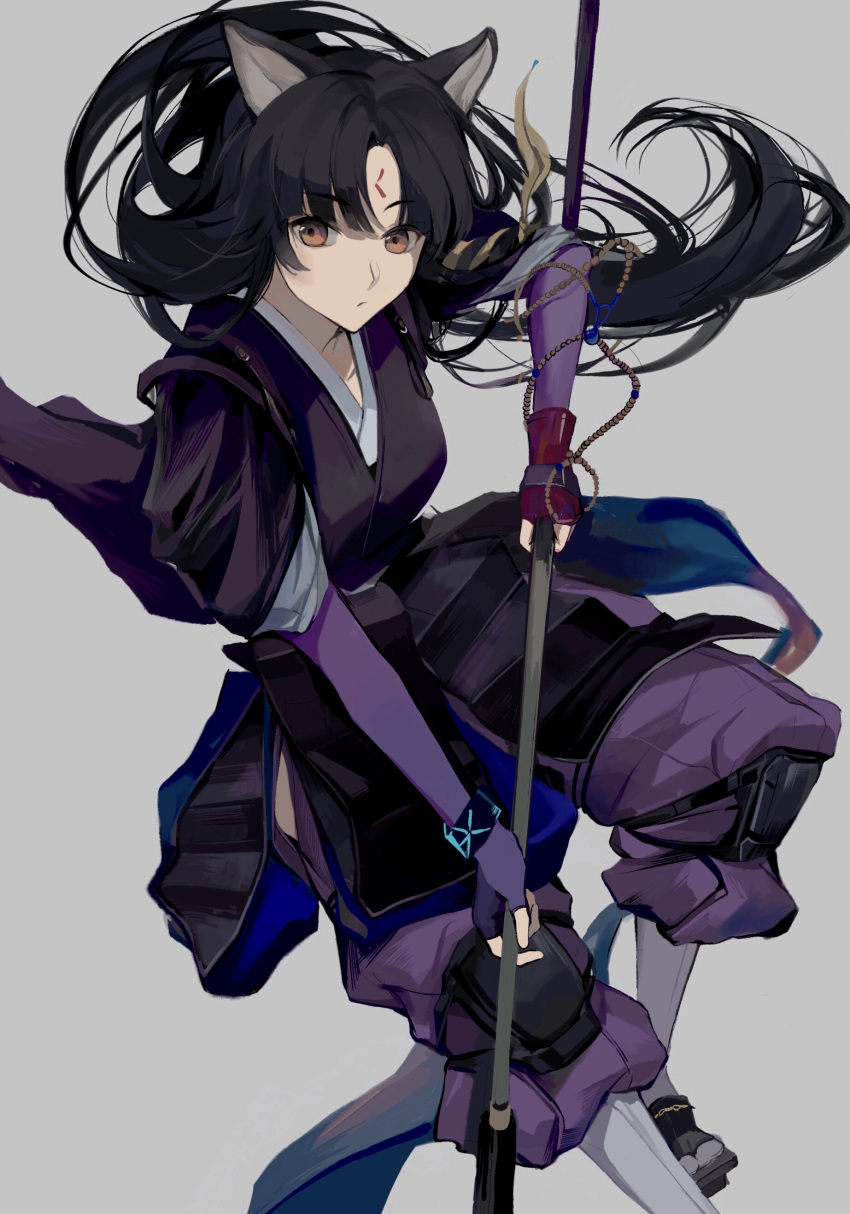 1girl, absurdres, animal_ears, arknights, bangs, black_hair, black_kimono, brown_eyes