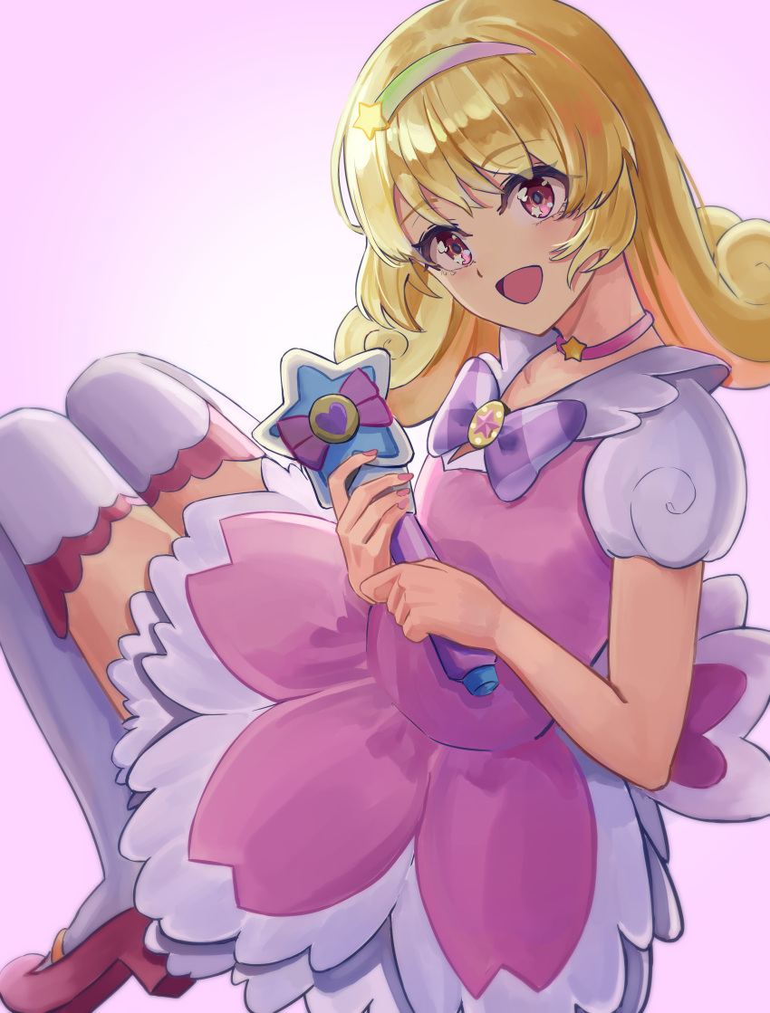 1girl, :d, absurdres, blonde_hair, blush, bow, checkered, checkered_bow, choker, collarbone, commentary, curly_hair, dress, dutch_angle, eyebrows_visible_through_hair, from_side, gradient, gradient_background, green_hairband, hair_ornament, hairband, head_tilt, heart, heart_hair_ornament, high_heels, highres, hinata_yume, knees_together_feet_apart, long_hair, looking_at_viewer, looking_to_the_side, magical_girl, mewkledreamy, multicolored, multicolored_clothes, multicolored_dress, multicolored_hairband, multicolored_legwear, nail_polish, open_mouth, pink_background, pink_choker, pink_dress, pink_eyes, pink_footwear, pink_legwear, pink_nails, purple_bow, purple_hairband, short_sleeves, sitting, smile, solo, star_(symbol), star_choker, star_in_eye, symbol_in_eye, temple_circle, thigh-highs, wand, wariza, white_dress, white_legwear, yellow_hairband