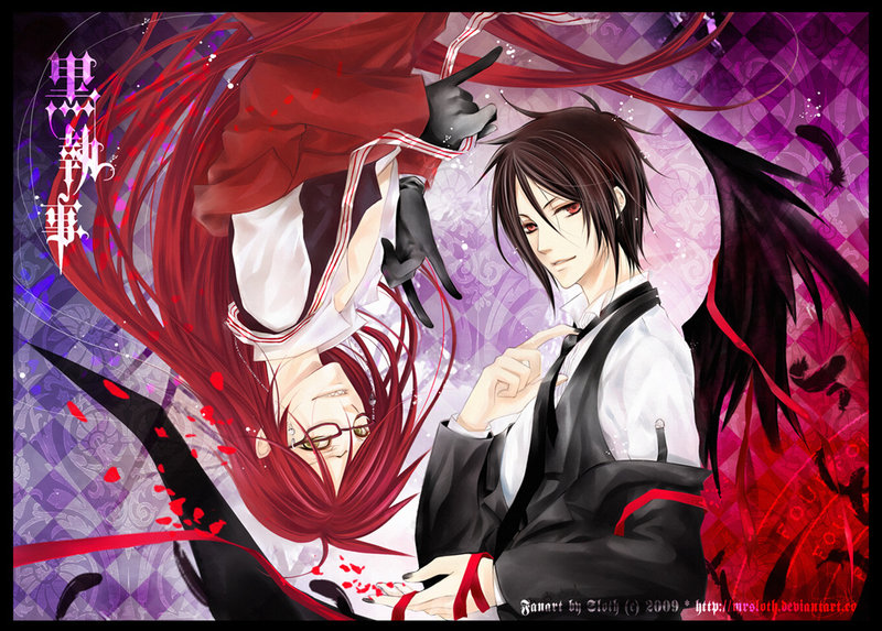 black_hair, black_wings, glasses, gloves, grell_sutcliff, kuroshitsuji, long_hair, male, mrsloth, multiple_boys, red_hair, redhead, rotational_symmetry, sebastian_michaelis, short_hair, upside-down, wings