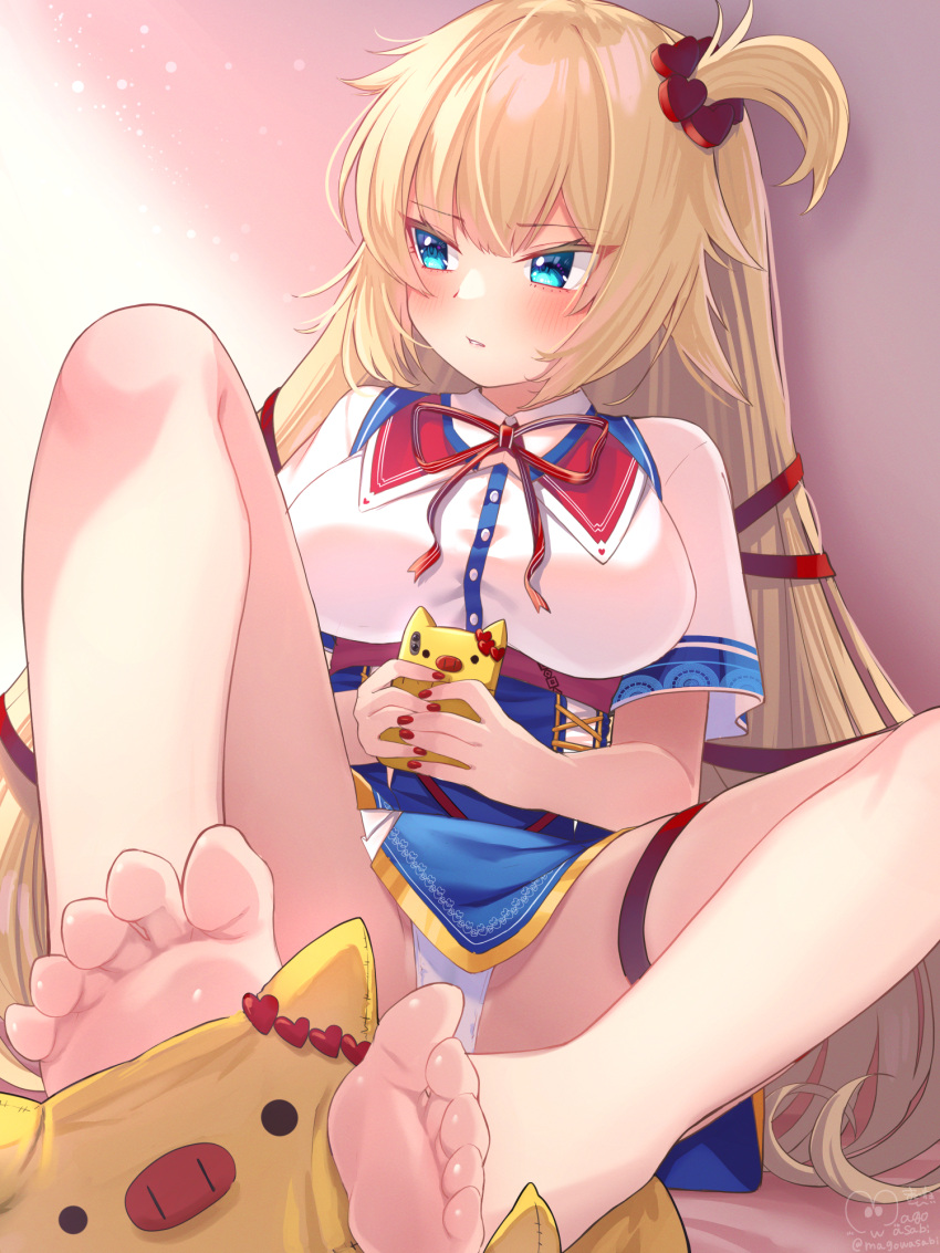 1girl, akai_haato, bangs, bare_legs, barefoot, blonde_hair, blue_eyes, blue_skirt