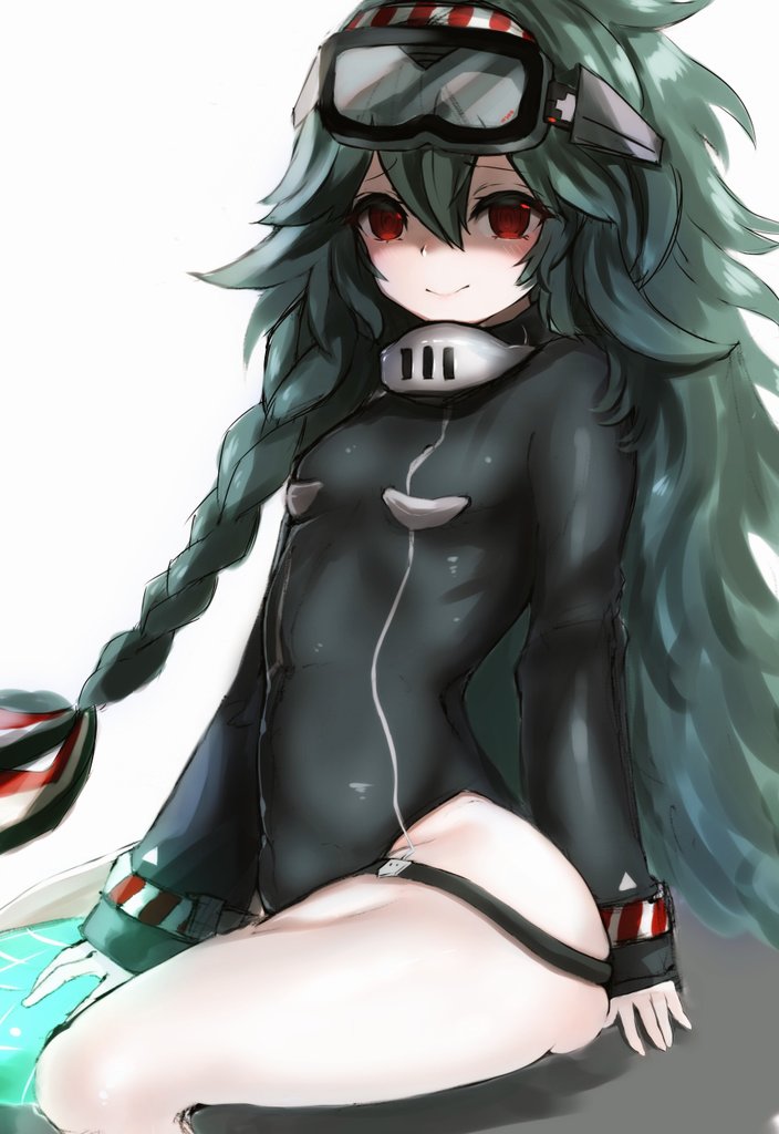 1girl, antenna_hair, azur_lane, blush, braid, breasts, dark_green_hair, diving_mask