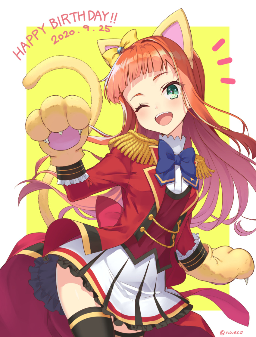 1girl, ;d, aikatsu!_(series), aikatsu_stars!, animal_ears, back_bow, bangs, bell