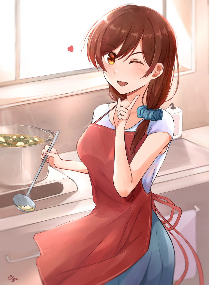 1girl, absurdres, apron, brown_hair, cooking, food, hair_ornament, hair_scrunchie, hand_soap, heart, highres, kanojo_okarishimasu, kitchen, ladle, long_hair, lygon, mizuhara_chizuru, one_eye_closed, portable_stove, scrunchie, sink, smile, sunlight, window