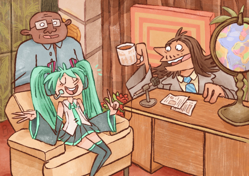 1girl, 2boys, coffee_mug, crossover, cup, desk, detached_sleeves, eric_andre, formal, globe, green_hair, hannibal_buress, hatsune_miku, headset, highres, interview, long_hair, mug, multiple_boys, necktie, open_mouth, skirt, suit, sylaride, the_eric_andre_show, thigh-highs, twintails, u_u, very_long_hair, vocaloid