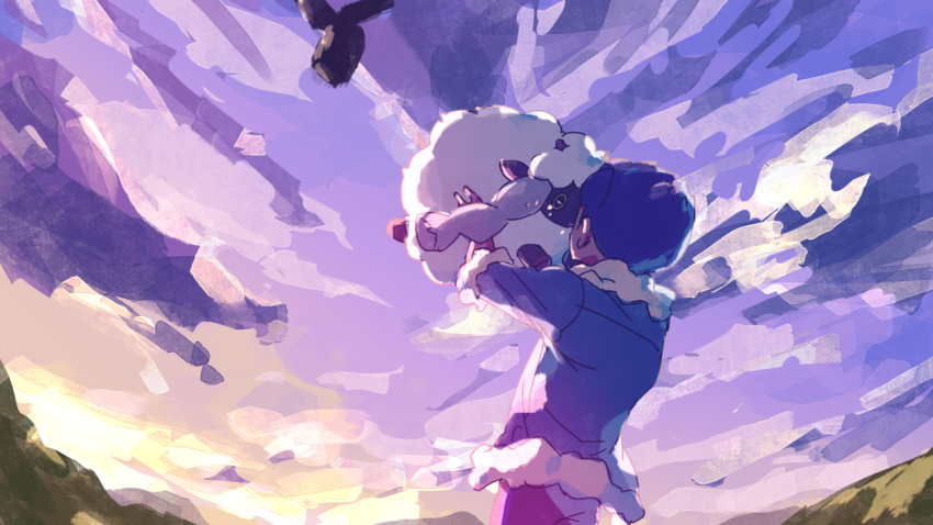 1boy, black_pants, blue_jacket, clouds, commentary_request, dark_skin, dark_skinned_male, from_below
