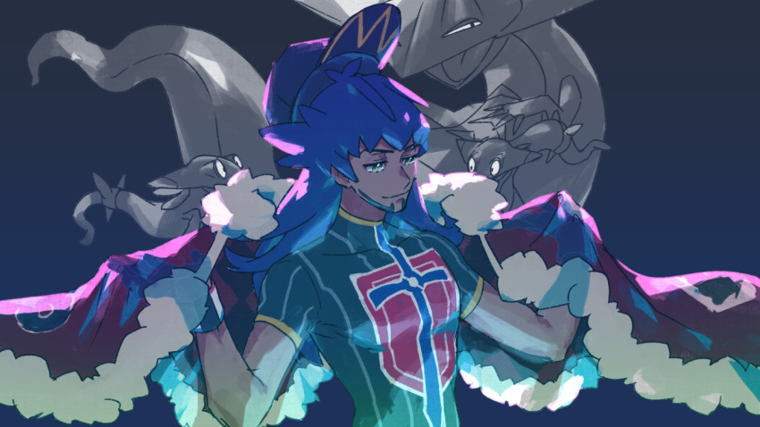 1boy, bangs, baseball_cap, cape, champion_uniform, closed_mouth, commentary_request, dark_skin