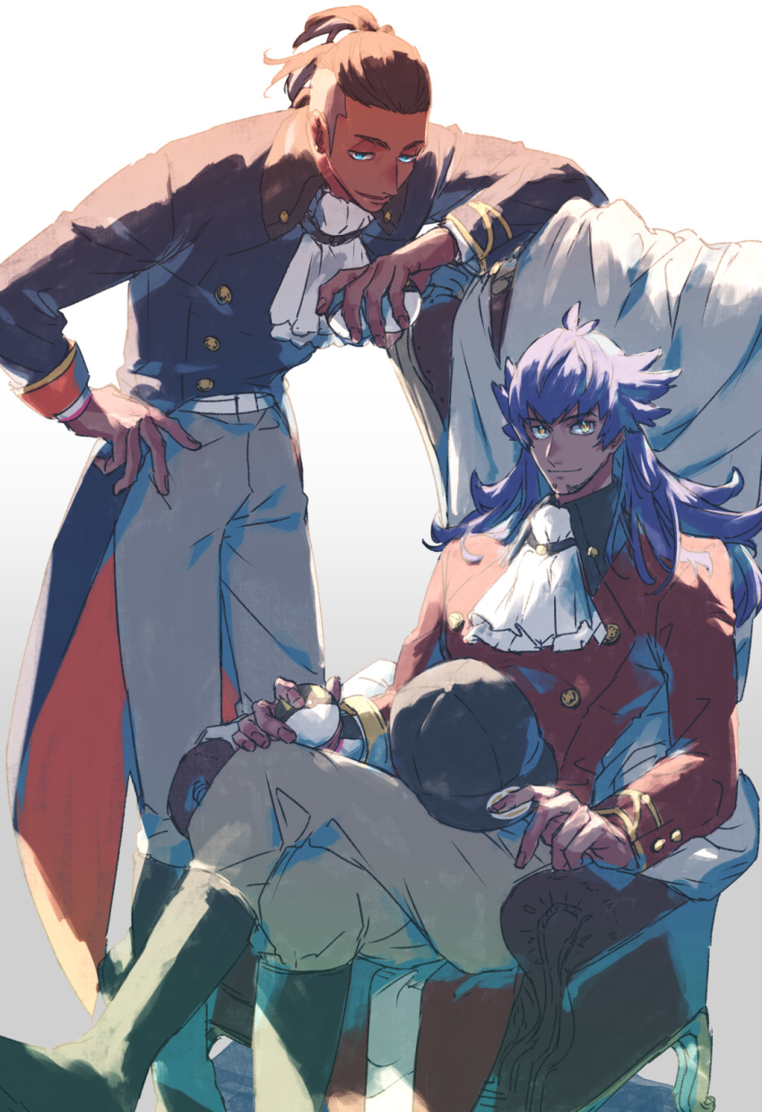 2boys, alternate_costume, bangs, black_footwear, boots, brown_hair, buttons, chair