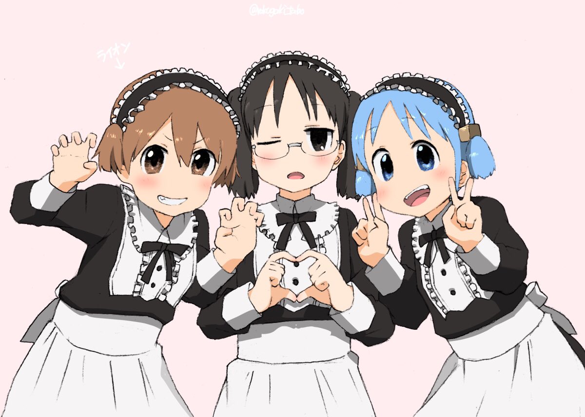 3girls, aioi_yuuko, black_hair, blue_hair, brown_eyes, brown_hair, glasses, maid