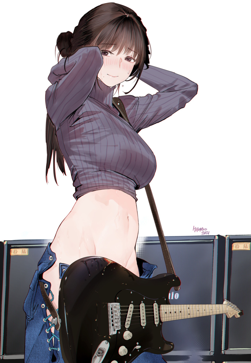 1girl, absurdres, arms_up, bangs, blush, breasts, denim, eyebrows_visible_through_hair, guitar, highres, hip_bones, hitomi_o, instrument, long_hair, long_sleeves, midriff, mole, mole_under_mouth, navel, original, pants, ribbed_sweater, signature, simple_background, sweat, sweater, turtleneck, turtleneck_sweater, white_background
