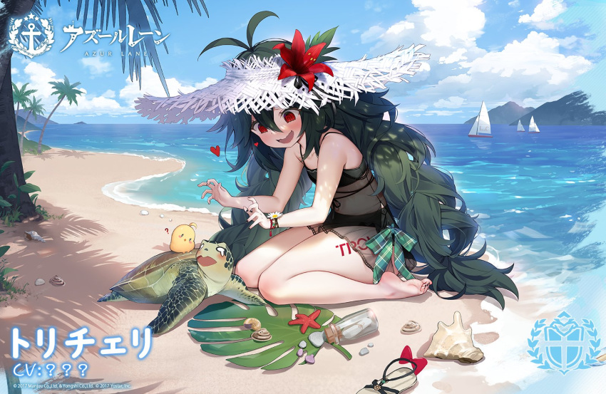 1girl, azur_lane, bare_shoulders, beach, bikini, black_bikini, blush, boat