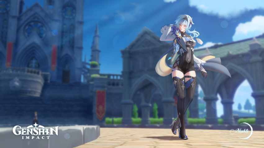 blue_hair, boots, building, eula_(genshin_impact), genshin_impact, gloves, hair_ornament, high_heels, highres, necktie, niahti, sky, thigh-highs, thigh_boots, thigh_strap