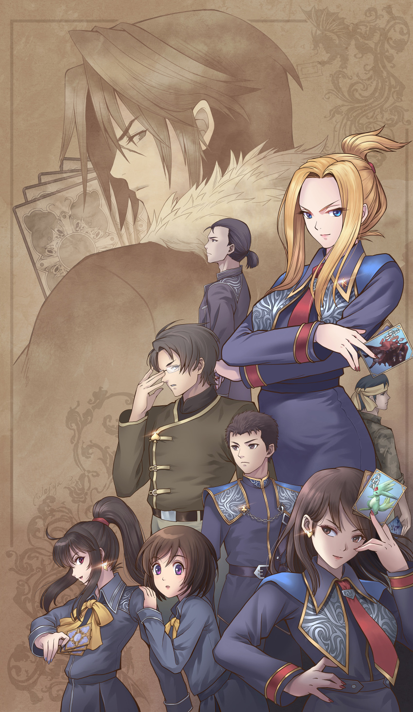 4girls, 5boys, :d, absurdres, adjusting_eyewear, bangs, black_eyes, black_hair, blonde_hair, blue_eyes, blue_nails, brown_eyes, brown_hair, carbuncle_(final_fantasy), card, chain, closed_mouth, club_(ff8), crossed_arms, diamond_(ff8), diamond_dust, earrings, eyebrows_visible_through_hair, final_fantasy, final_fantasy_viii, fingernails, fur-trimmed_jacket, fur_trim, gem, gilgamesh_(final_fantasy), glasses, hand_on_hip, headband, heart, heart_earrings, highres, holding, holding_card, jack_(ff8), jacket, jewelry, joker_(ff8), leviathan_(final_fantasy), long_hair, looking_at_viewer, looking_away, looking_to_the_side, multiple_boys, multiple_girls, open_mouth, parted_bangs, ponytail, purple_nails, quistis_trepe, red_nails, scar, scar_on_face, school_uniform, scrunchie, seed_uniform_(ff8), short_hair, short_ponytail, smile, spade_(ff8), squall_leonhart, triple_triad, violet_eyes, wavy_hair, xu_(ff8), yellow_headwear