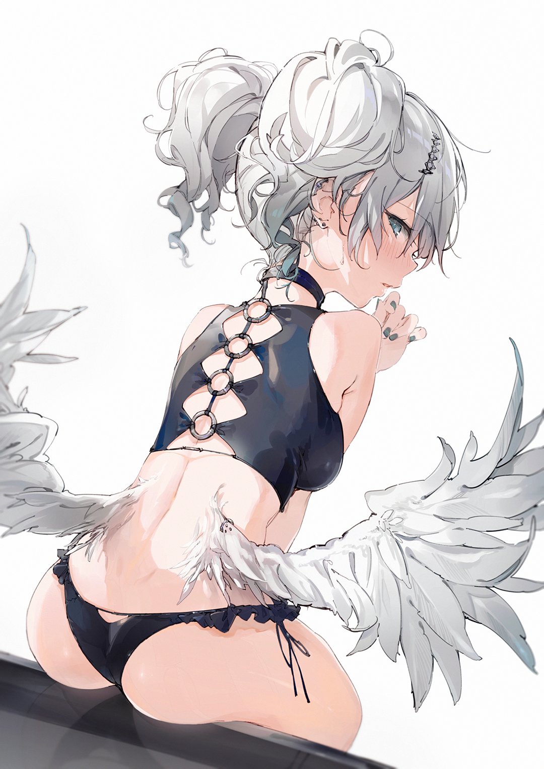 1girl, angel_wings, ass, back, back_cutout, bare_arms, bare_shoulders, black_choker