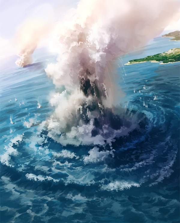 kamoi_kouji, ocean, pixiv, pixiv_fantasia, pixiv_fantasia_4, scenery, smoke, volcano