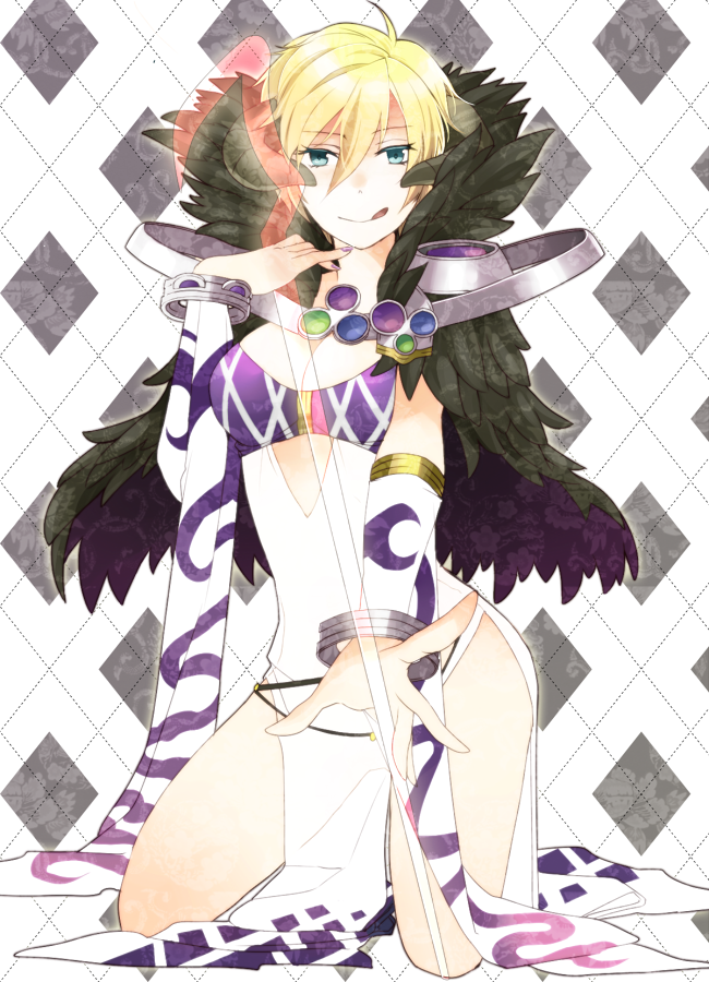 1girl, :q, argyle_bra, bangs, blonde_hair, bracelet, breasts, closed_mouth