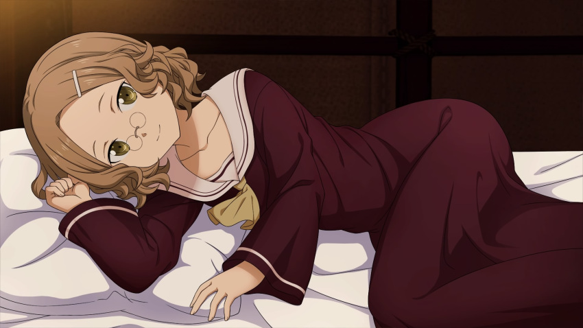 1girl, bangs, bed_sheet, bedroom, brown_eyes, brown_hair, cardinal_(sao), closed_mouth