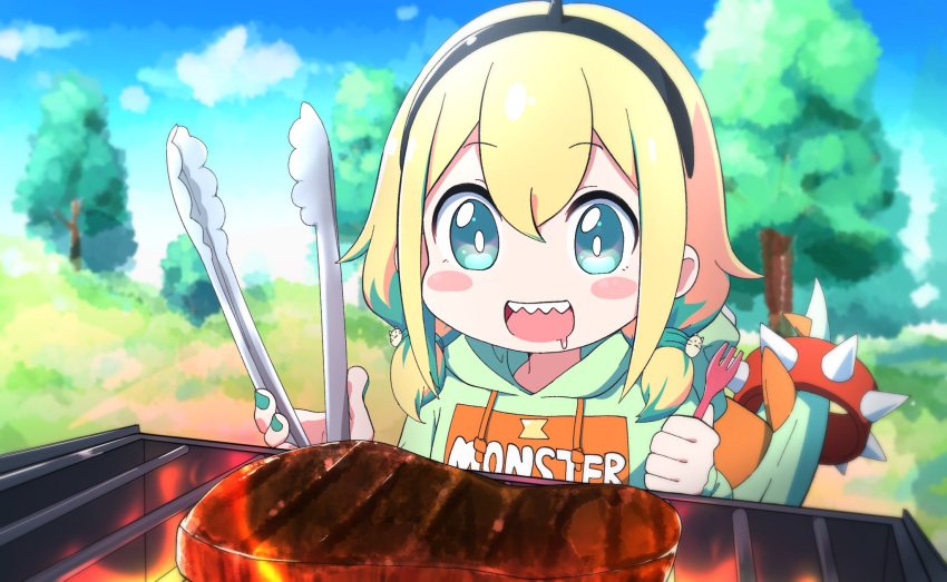 1girl, aimusu, amano_pikamee, barbecue, blonde_hair, blue_eyes, blush_stickers, bracelet