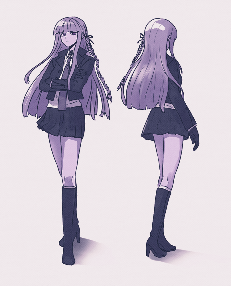 1girl, bangs, black_gloves, black_legwear, black_ribbon, black_skirt, blunt_bangs, boots