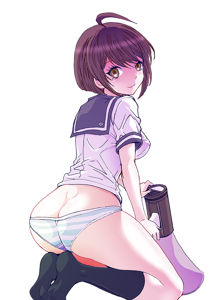 1girl, ahoge, ass, bangs, black_legwear, breasts, brown_hair, butt_crack, commentary_request, dangan_ronpa_(series), dangan_ronpa_another_episode:_ultra_despair_girls, from_side, holding, holding_megaphone, kneehighs, looking_at_viewer, looking_back, medium_breasts, megaphone, naegi_komaru, no_pants, panties, rurukichi, school_uniform, shirt, short_hair, short_sleeves, simple_background, solo, striped, striped_panties, underwear, white_background