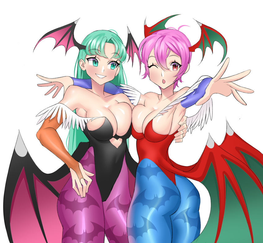 2girls, :o, absurdres, alternate_breast_size, arm_around_shoulder, ass, bangs, black_leotard, blush, breast_press, breasts, covered_navel, daniaeru, demon_girl, demon_wings, eyebrows_visible_through_hair, hand_on_own_thigh, head_wings, highres, leotard, lilith_aensland, long_hair, medium_breasts, morrigan_aensland, multiple_girls, one_eye_closed, open_hands, parted_bangs, parted_lips, red_leotard, short_hair, siblings, sisters, smile, symmetrical_docking, vampire_(game), wings, wrist_cuffs