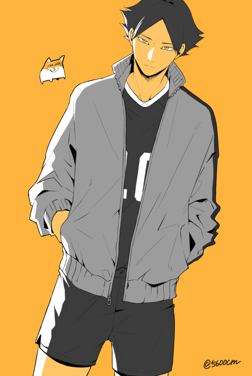 1boy, 5600cm, bangs, black_hair, haikyuu!!, hands_in_pockets, highres, jacket, looking_at_viewer, male_focus, monochrome, open_clothes, open_jacket, short_hair, simple_background, sportswear, spot_color, standing, suna_rintarou, twitter_username, volleyball_uniform, yellow_background