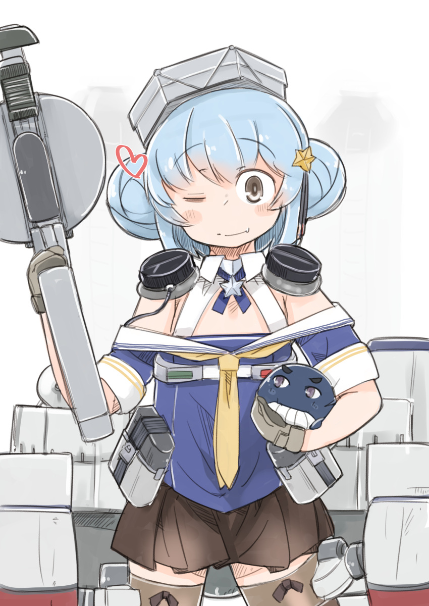 1girl, absurdres, black_skirt, blue_hair, blue_shirt, cosplay, double_bun, enjaku_izuku, fletcher_(kancolle), fletcher_(kancolle)_(cosplay), gloves, headphones, highres, kantai_collection, little_blue_whale_(kancolle), neckerchief, pleated_skirt, rigging, sailor_collar, samuel_b._roberts_(kancolle), school_uniform, serafuku, shirt, short_hair, skirt, solo, white_sailor_collar, yellow_eyes, yellow_neckwear