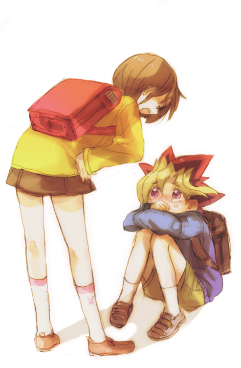 backpack, bad_id, bag, blush, brown_hair, from_behind, hand_on_hip, leaning_forward