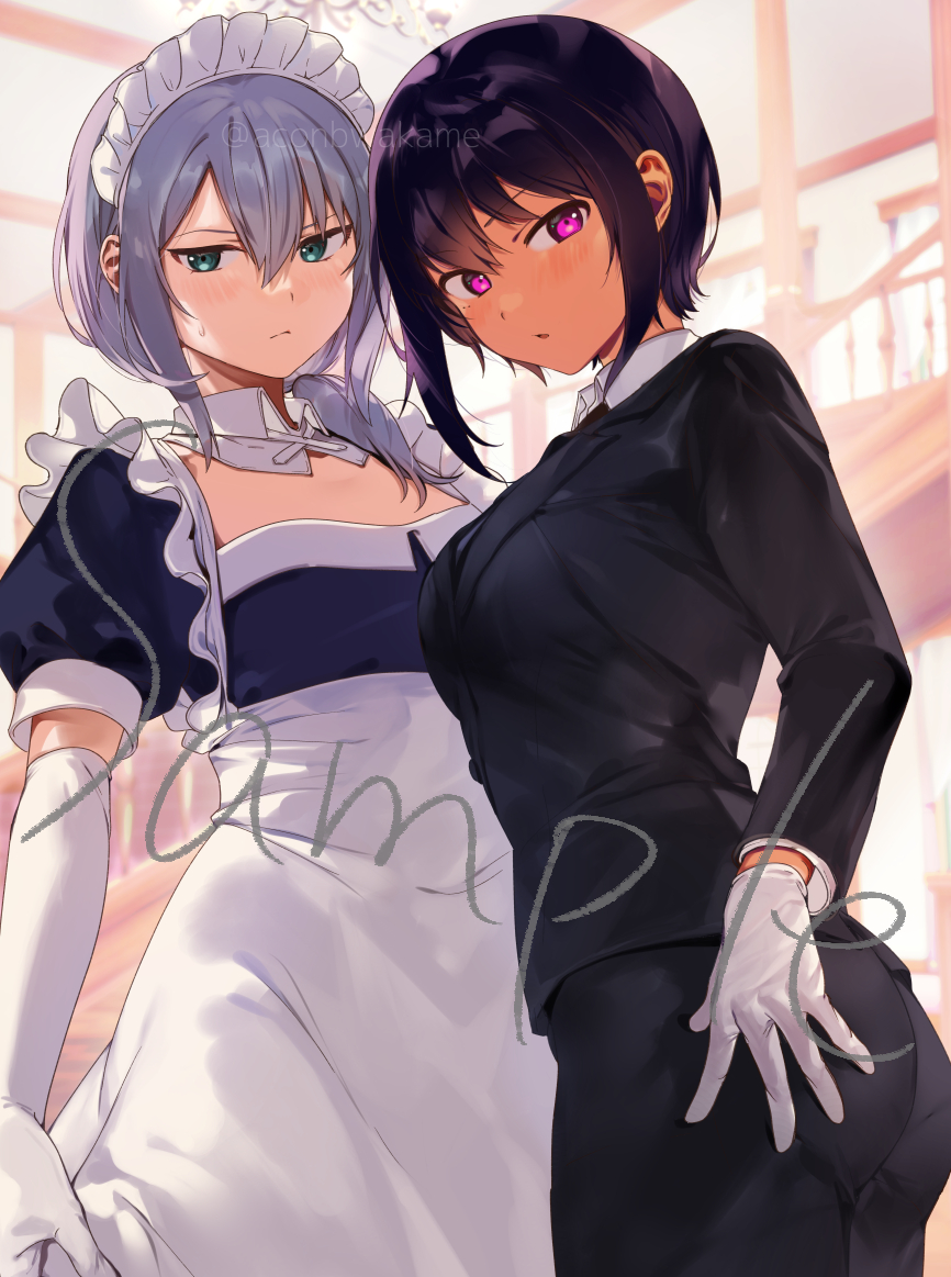 2girls, black_hair, blue_eyes, breasts, closed_mouth, dark_skin, dark-skinned_female, elbow_gloves