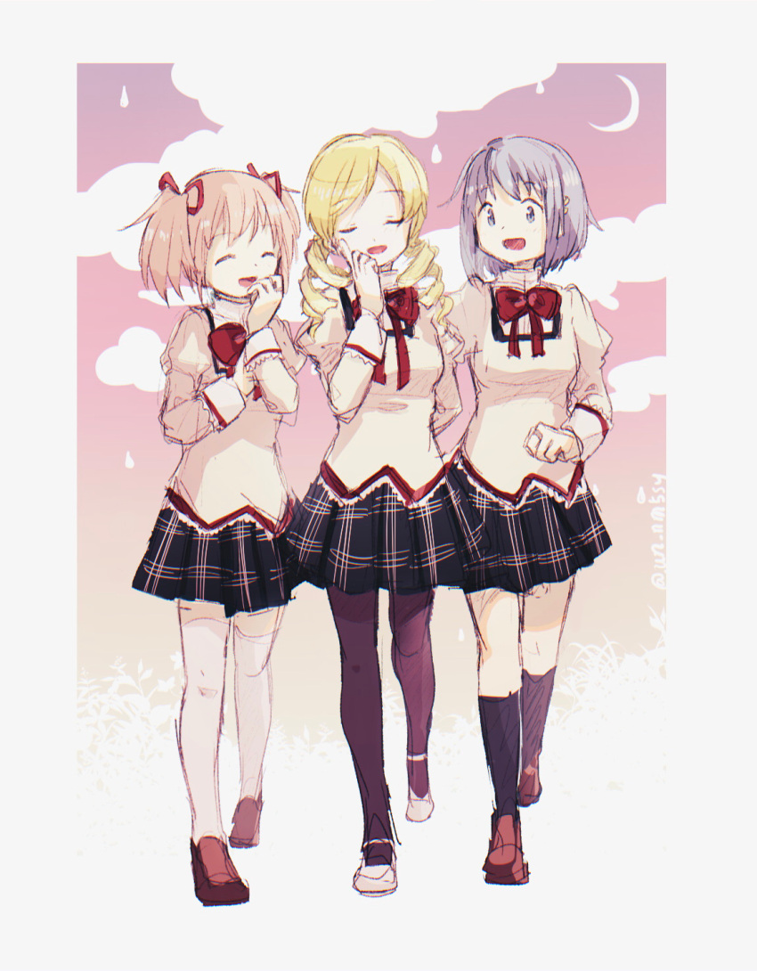 3girls, bangs, beige_vest, black_legwear, black_skirt, blonde_hair, blue_eyes, blue_hair