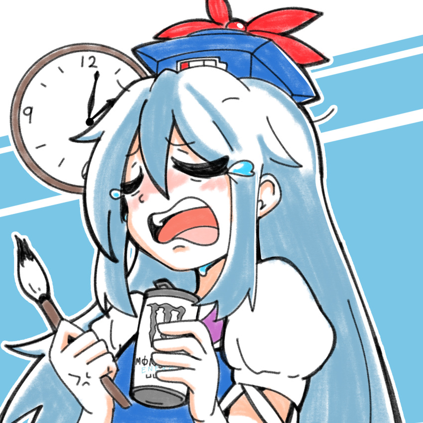 bangs, blue_dress, blue_hair, bow, brush, can, clock, closed_eyes, collared_dress, concha3381, dress, hat, highres, ink, kamishirasawa_keine, long_hair, multicolored_hair, neckerchief, open_mouth, puffy_short_sleeves, puffy_sleeves, red_bow, red_neckwear, short_sleeves, sidelocks, silver_hair, skirt, teacher, tokin_hat, touhou, two-tone_hair, white_skirt