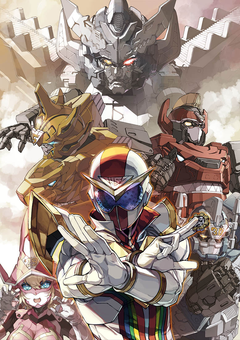 1girl, 4boys, blue_eyes, claw_pose, clenched_hand, heterochromia, kikai_sentai_zenkaiger, mecha