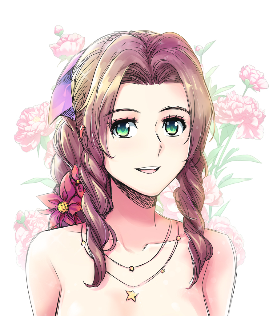 1girl, aerith_gainsborough, bangs, bare_shoulders, braid, braided_ponytail, brown_hair, collarbone