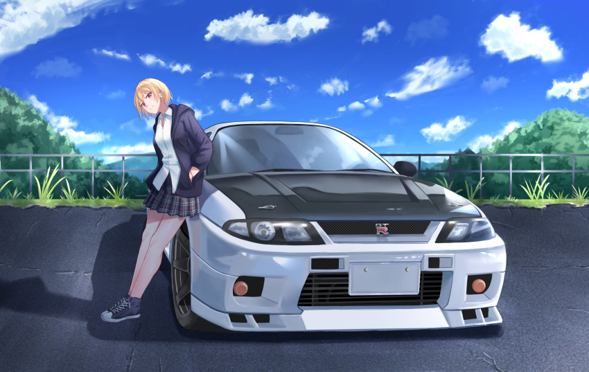 1girl, bangs, blonde_hair, blue_jacket, blush, closed_mouth, clouds, cloudy_sky