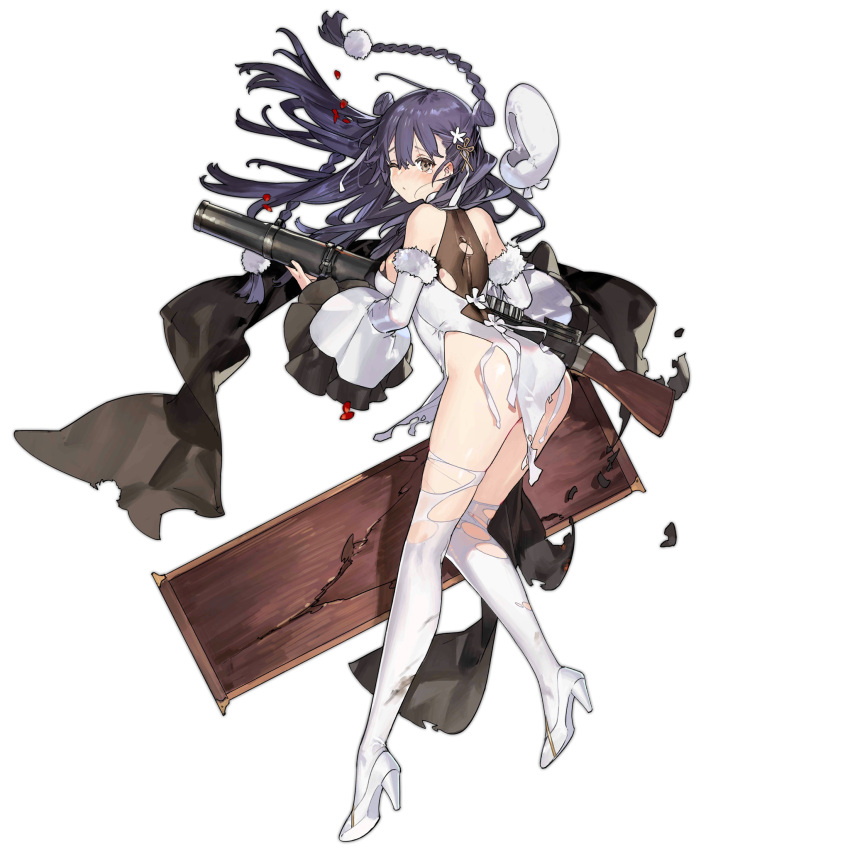1girl, 2021, ass, back, bangs, bare_shoulders, beret, blue_hair, blush, braid, breasts, brown_eyes, character_name, chinese_new_year, closed_mouth, commentary, copyright_name, dress, english_commentary, english_text, eyebrows_visible_through_hair, girls_frontline, gun, hair_ornament, hat, hat_removed, headwear_removed, high_heels, highres, holding, holding_weapon, lewis_(girls_frontline), lewis_gun, long_hair, looking_at_viewer, machine_gun, official_art, russian_commentary, solo, standing, starshadowmagician, tears, thigh-highs, thighs, torn_clothes, torn_dress, torn_legwear, weapon, white_dress, white_footwear, white_headwear, white_legwear