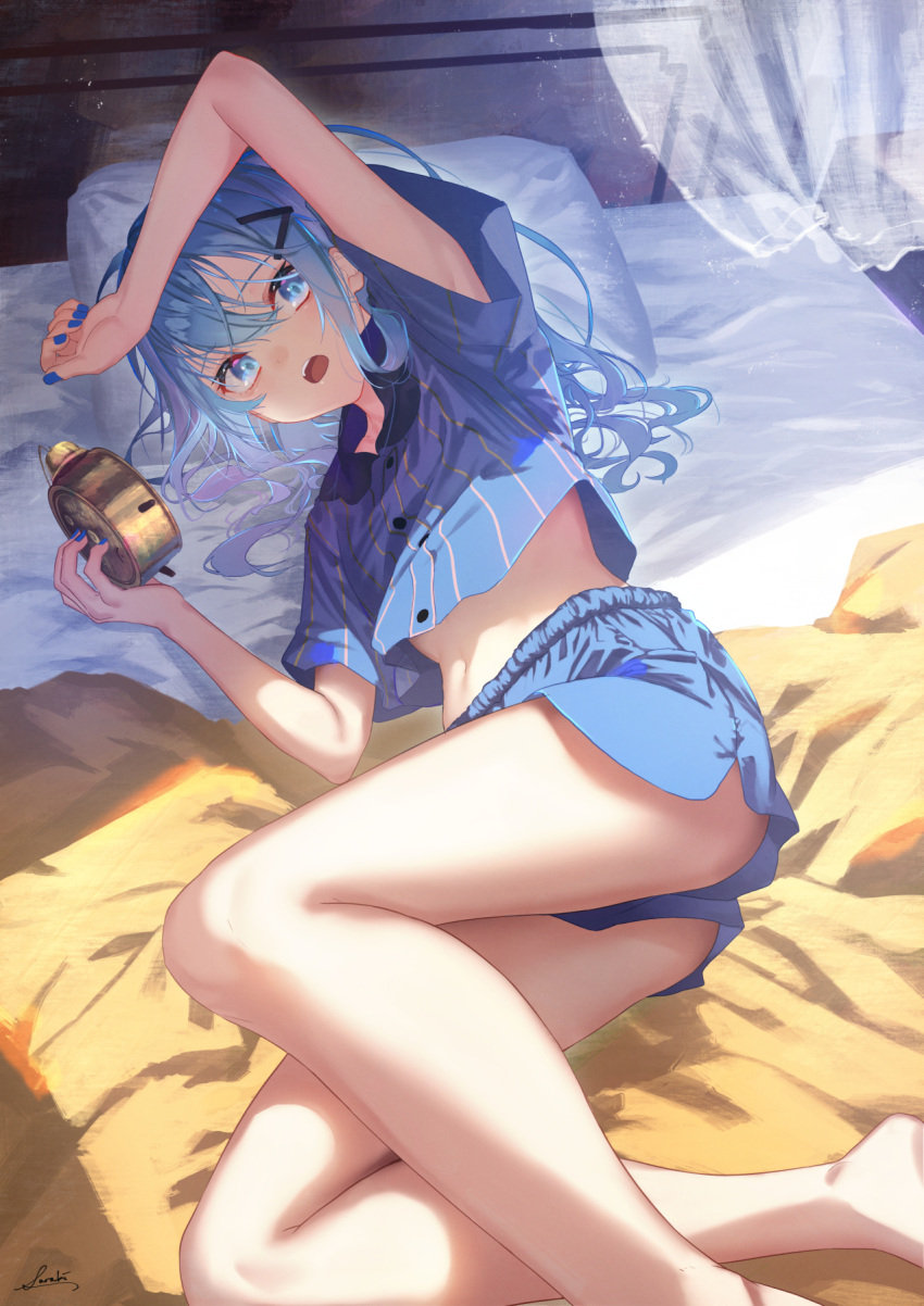 1girl, alarm_clock, arm_over_head, arm_up, bare_legs, blanket, blue_eyes, blue_hair, blue_nails, blue_pajamas, blue_shirt, blue_shorts, clock, commentary, copyright_request, curtains, feet_out_of_frame, fingernails, hair_ornament, hairpin, highres, holding, holding_alarm_clock, long_hair, looking_at_viewer, lying, midriff, nail_polish, navel, on_bed, on_side, open_mouth, pajamas, pillow, saraki, shirt, short_shorts, short_sleeves, shorts, solo, stomach, striped, striped_shirt, vertical-striped_shirt, vertical_stripes