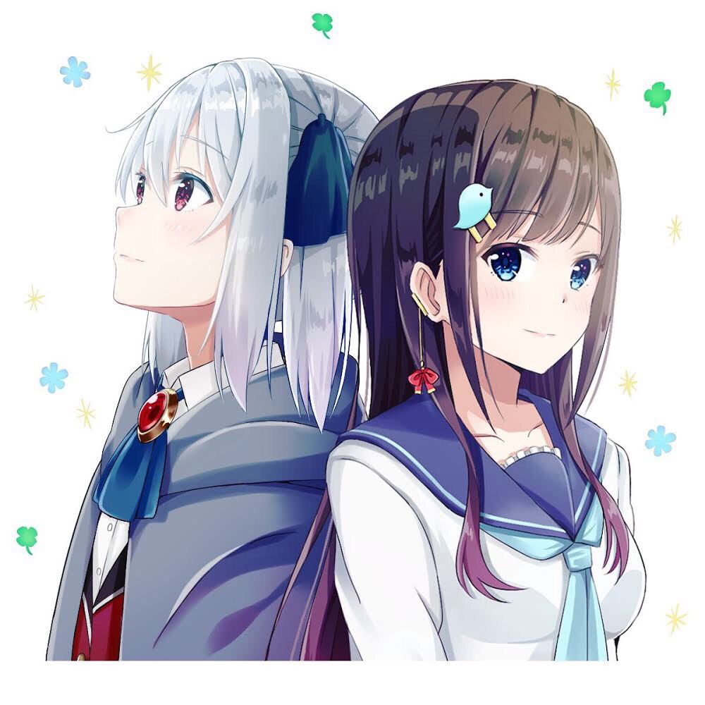 2girls, cierra_runis, eyebrows_visible_through_hair, hair_ribbon, jewelry, kyouka_(overidea), long_hair, looking_at_viewer