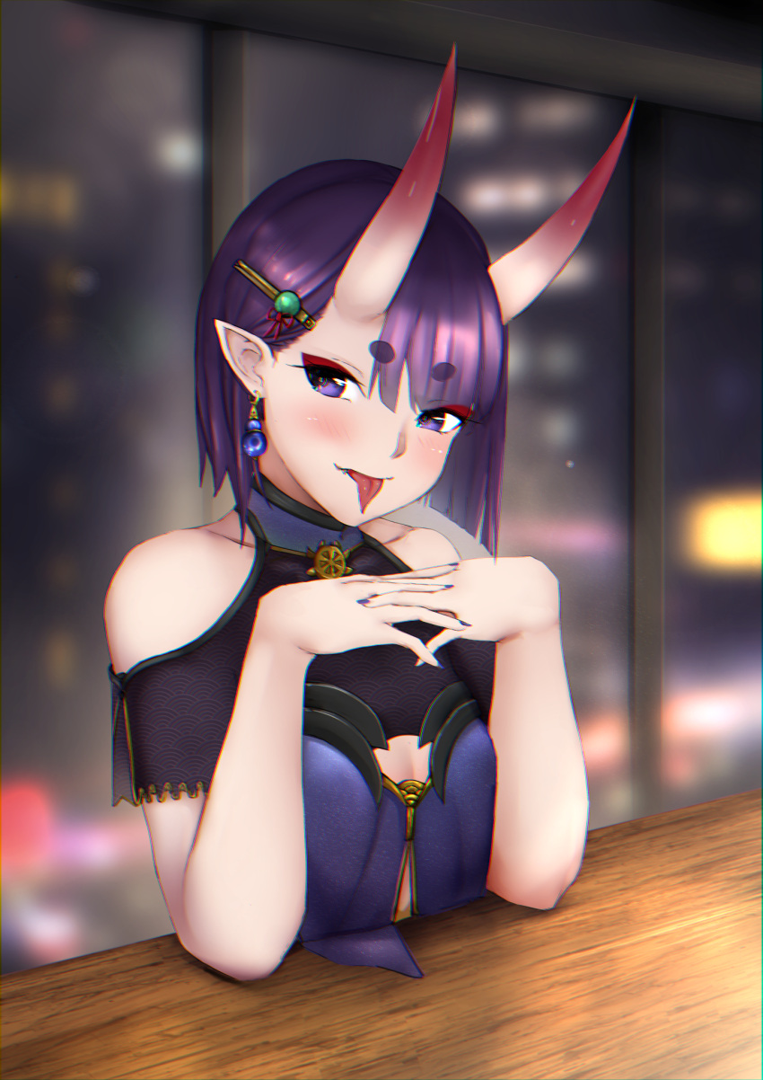 1girl, bangs, bare_shoulders, blue_dress, blush, bob_cut, breasts, dress, earrings, eyeliner, fate/grand_order, fate_(series), hair_ornament, highres, horns, jewelry, looking_at_viewer, makeup, oni, oni_horns, pointy_ears, purple_hair, selarz, short_eyebrows, short_hair, shuten_douji_(fate), skin-covered_horns, small_breasts, smile, tongue, tongue_out, violet_eyes