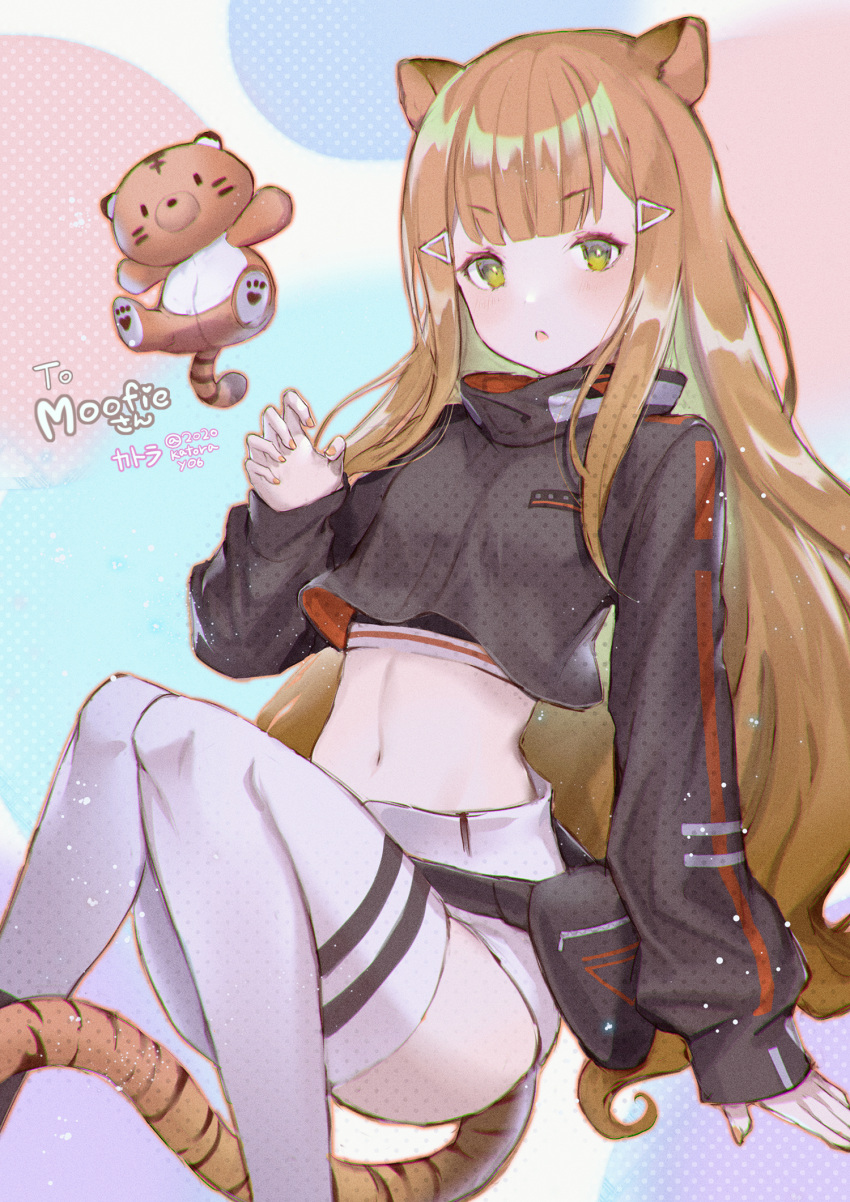 1girl, :o, animal_ears, bag, black_jacket, black_shirt, brown_hair, crop_top, crop_top_overhang, cropped_jacket, green_eyes, hair_ornament, hanatora_yuki, high_collar, highres, indie_virtual_youtuber, jacket, knees_up, long_hair, long_sleeves, looking_at_viewer, midriff, moofie_(vtuber), navel, parted_lips, shirt, short_shorts, shorts, solo, stomach, tail, thigh-highs, tiger_ears, tiger_girl, tiger_tail, undershirt, very_long_hair, white_legwear, white_shorts