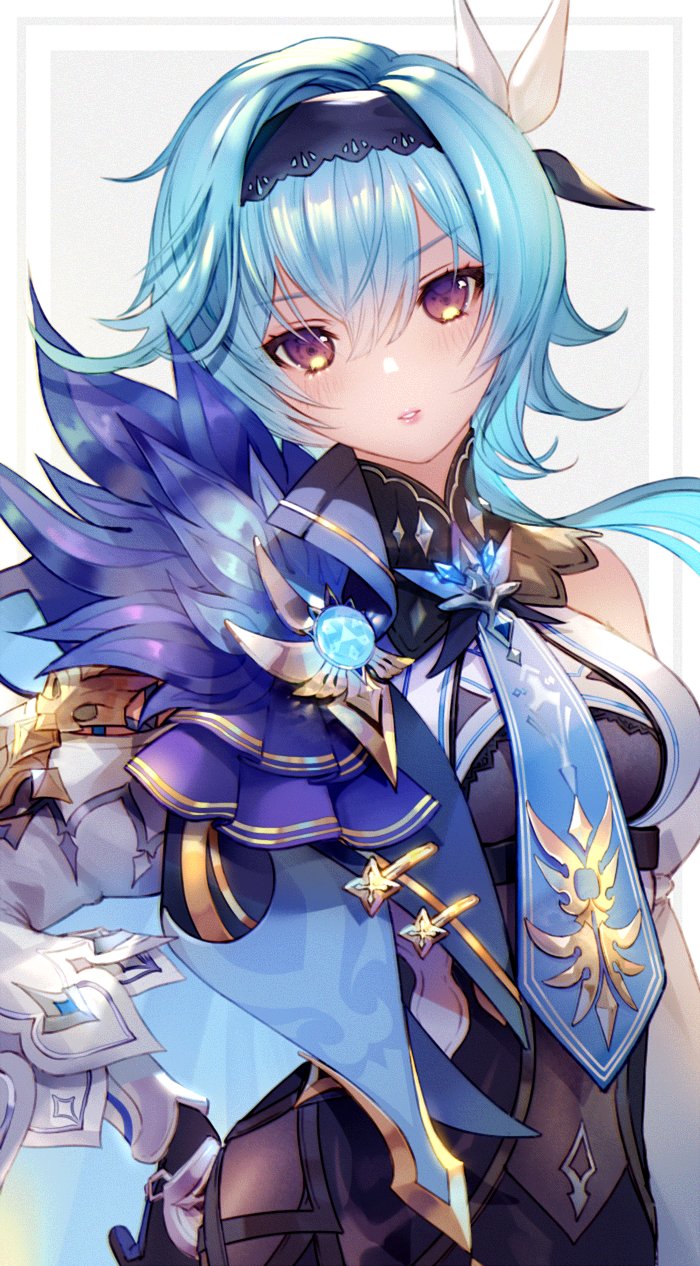 1girl, bangs, black_hairband, blue_hair, border, covered_navel, eula_(genshin_impact), eyebrows_visible_through_hair, genshin_impact, grey_background, hairband, hand_on_hip, head_tilt, highres, long_hair, looking_at_viewer, nido_celisius, parted_lips, see-through, simple_background, solo, vision_(genshin_impact), white_background, yellow_eyes