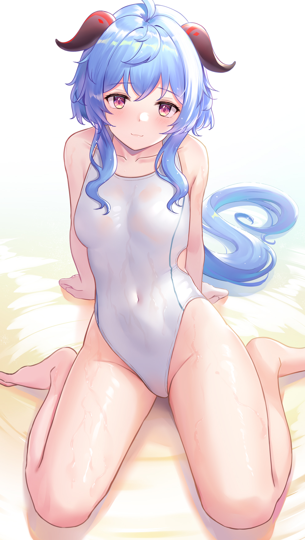 1girl, :3, ahoge, airool, arm_support, bangs, bare_arms, bare_shoulders