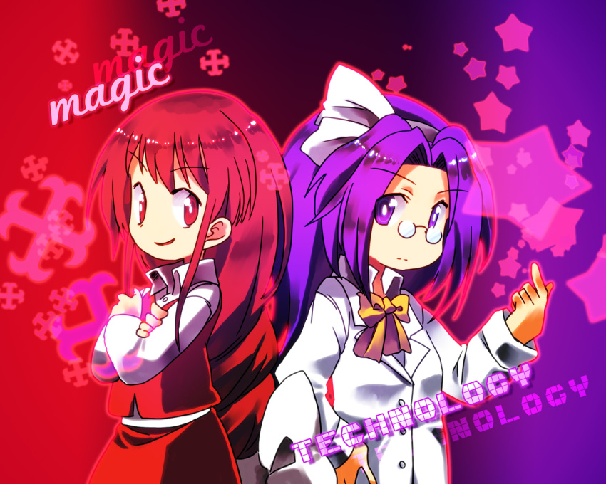 asakura_rikako, bad_id, glasses, hachi_(8bit_canvas), labcoat, multiple_girls, okazaki_yumemi, purple_hair