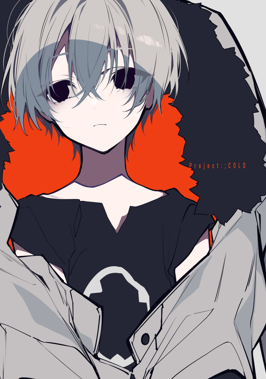 1boy, absurdres, black_eyes, eyebrows_visible_through_hair, grey_background, grey_hair, grey_jacket, highres, iori_heartfield, jacket, mochizuki_kei, project_cold, short_hair, upper_body