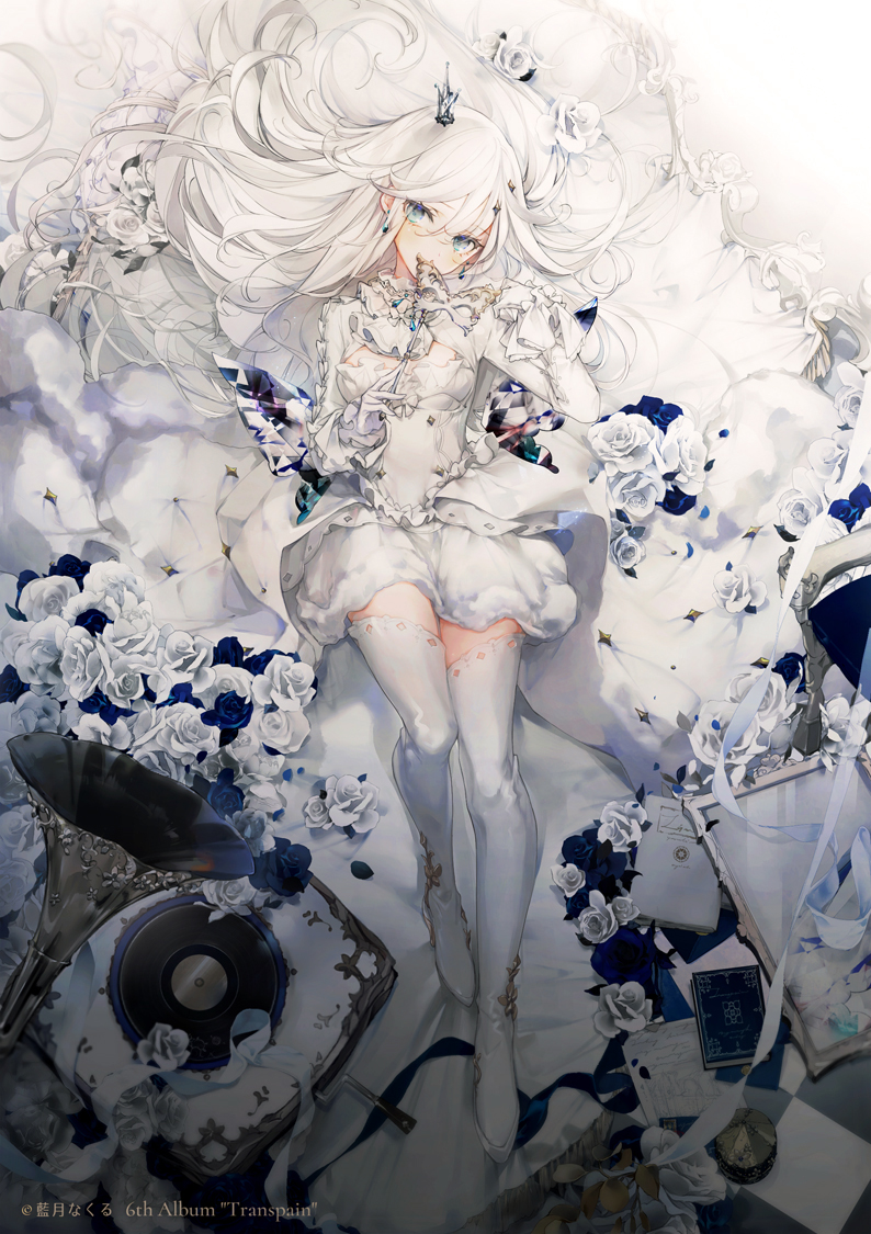 1girl, blue_flower, book, breasts, cierra_(ra-bit), copyright_name, covering_mouth, crown, dress, flower, frilled_dress, frilled_sleeves, frills, full_body, gloves, green_eyes, hair_between_eyes, hair_flaps, long_hair, long_sleeves, looking_at_viewer, lying, masquerade_mask, mini_crown, on_back, original, phonograph, rose, sidelocks, small_breasts, solo, thigh-highs, white_dress, white_flower, white_gloves, white_hair, white_legwear