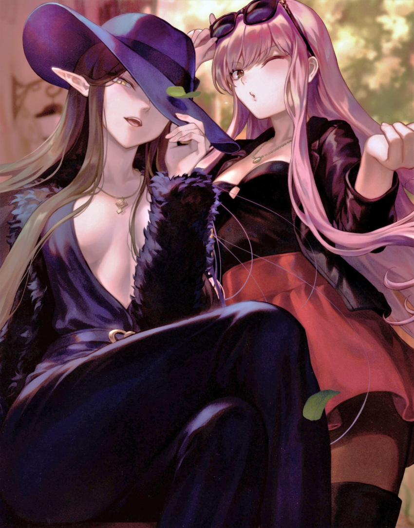 2girls, absurdres, black_hair, breasts, crossed_legs, day, eyewear_on_head, fate/apocrypha