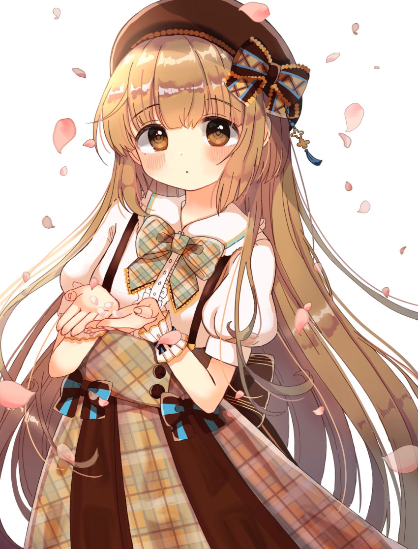 1girl, :o, bangs, black_headwear, blunt_bangs, blush, bow, brown_eyes, brown_hair, center_frills, collared_shirt, cowboy_shot, eyebrows_visible_through_hair, falling_petals, frilled_shirt_collar, frills, hair_bow, hair_ornament, hat, highres, idolmaster, idolmaster_cinderella_girls, long_hair, looking_at_viewer, ogakororomi, open_hands, open_mouth, petals, plaid, plaid_skirt, puffy_short_sleeves, puffy_sleeves, shiny, shiny_hair, shirt, short_sleeves, sidelocks, simple_background, skirt, solo, suspender_skirt, suspenders, very_long_hair, wrist_cuffs, yorita_yoshino