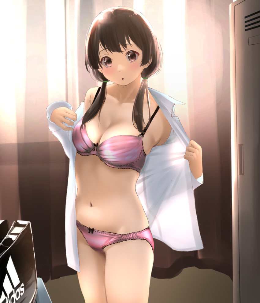1girl, adidas, bag, blush, breasts, brown_hair, dressing_room, highres, indoors, long_hair, looking_at_viewer, medium_breasts, navel, open_clothes, open_mouth, open_shirt, original, panties, pink_panties, red_eyes, satin_bra, satin_panties, shirt, solo, tama_(seiga46239239), twintails, underwear, undressing, white_shirt